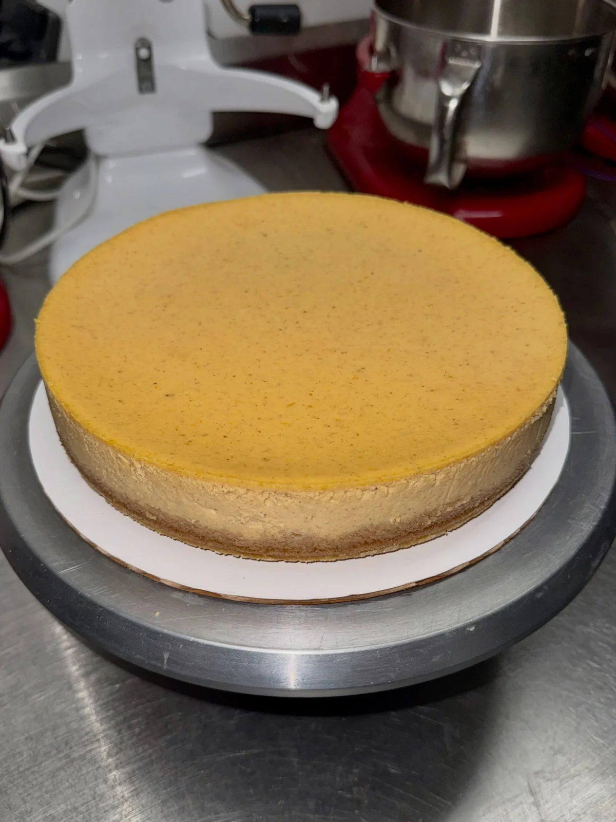 Whole pumpkin cheesecake made by Fred Tauro, on a cake stand in the bakery kitchen.